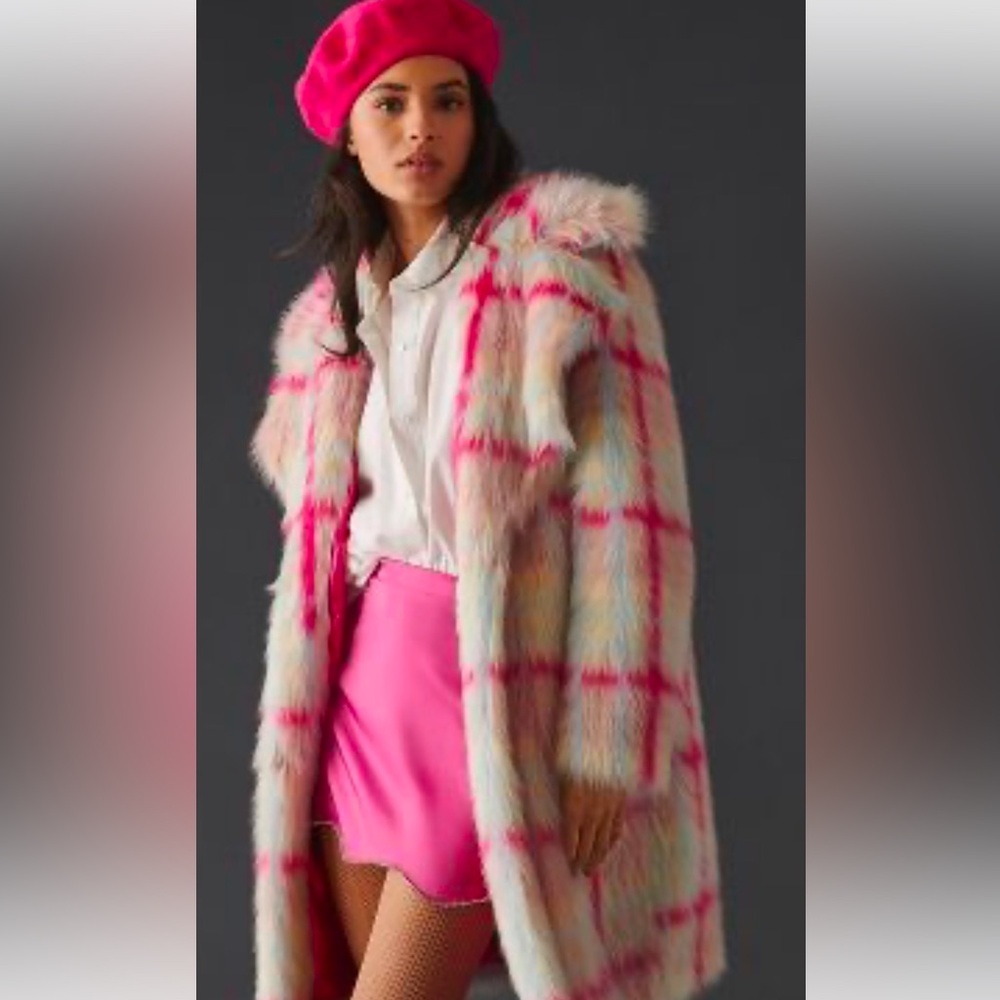 NWT ANTHROPOLOGIE NVLT FAUX FUR LONG COAT TARTAN FUCHSIA PLAID SIZE LARGE